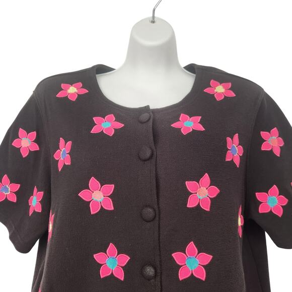 VTG. Bechamel Black Embroidered Floral Sweater Cotton Cardigan Top Women's L - Picture 6 of 8